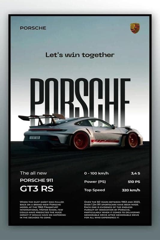 Fit-in Trends Porsche Poster for Wall - Super Car Stickers | Gifting Ideas for Men Boys Car Lover's | Wall Art for Living Room, Office, Dining Room | A4 Size
