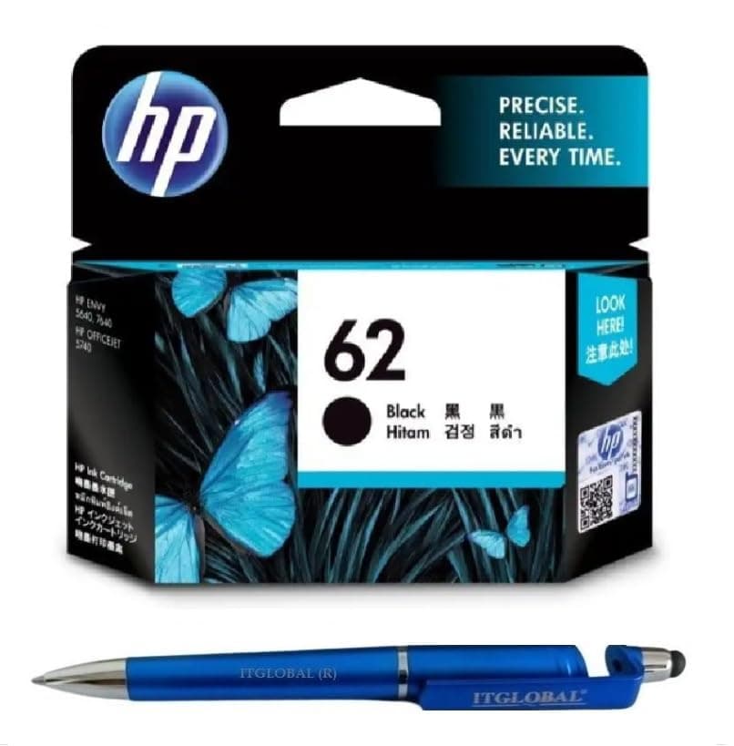 HEWLETT PACKARD (HP) 62 Ink Cartridge (Black) with 3in1 Multi-Function Mobile Phone Stand, Stylus Pen, Anti-Metal Texture Rotating Ballpoint Pen (Very Colors)