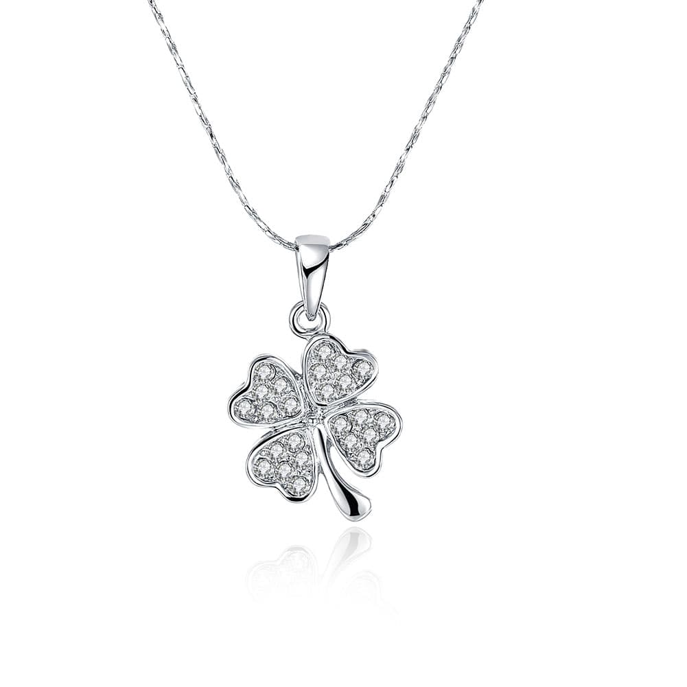 Platinum plated Four Leaf Clover Pendant Necklace, Heart Leaves Paved with Cubic Zirconium Diamond Gift for Women Ladies 18"+2" extension chain