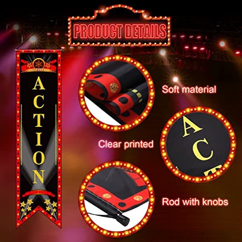 Movie Night Porch Sign Banner Movie Theme Party Decorations Movie Theater Welcome Now Showing Lights Camera Action Hanging Porch Sign for Home Film Backdrop Party Supplies (Delicate Style, 3 Pieces)