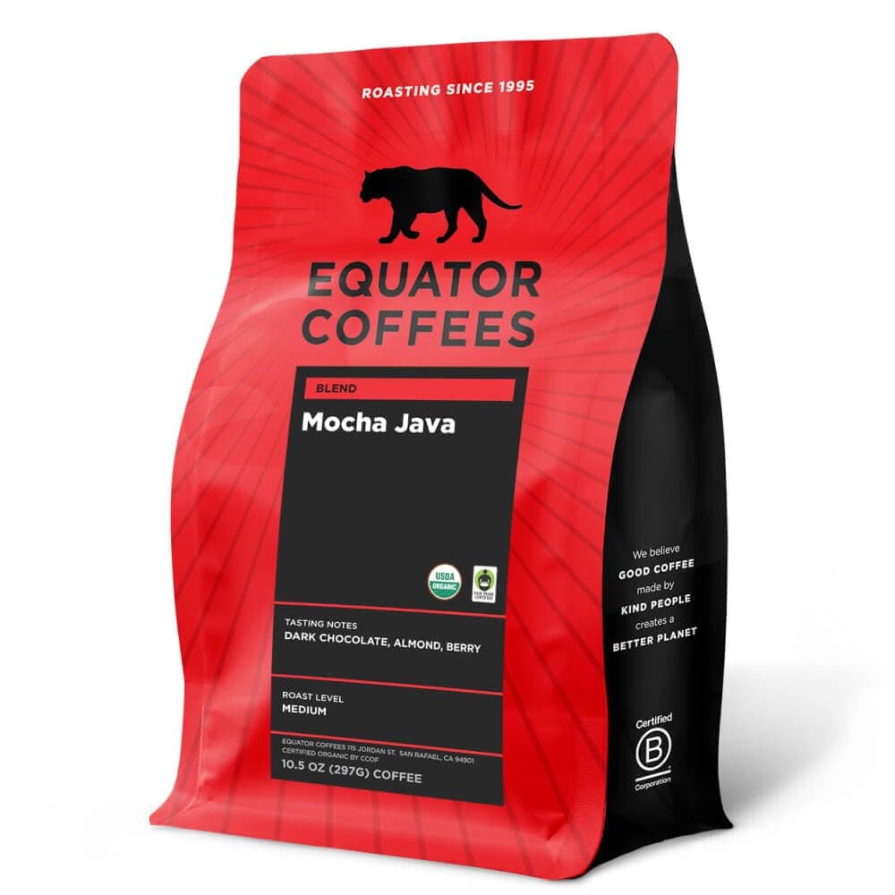 Equator Coffees, Mocha Java Blend, Organic Ground Coffee, Medium Dark Roast, Fresh Roasted, Dark Chocolate & Berry Flavor Notes, Sustainable and Fair Trade Certified, 10.5 oz Bag