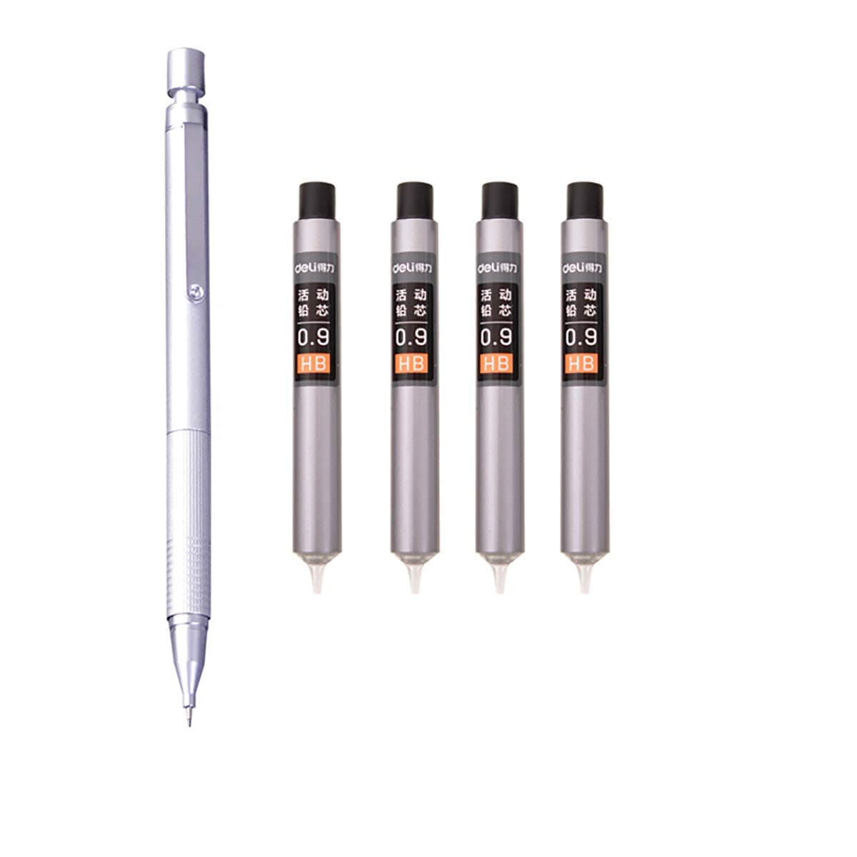 YYMIYU 0.9 MM Low Center Of Gravity Automatic Mechanical Pencil, Metal Texture Pen (Silver) +4 Boxes Of 0.9MM Lead