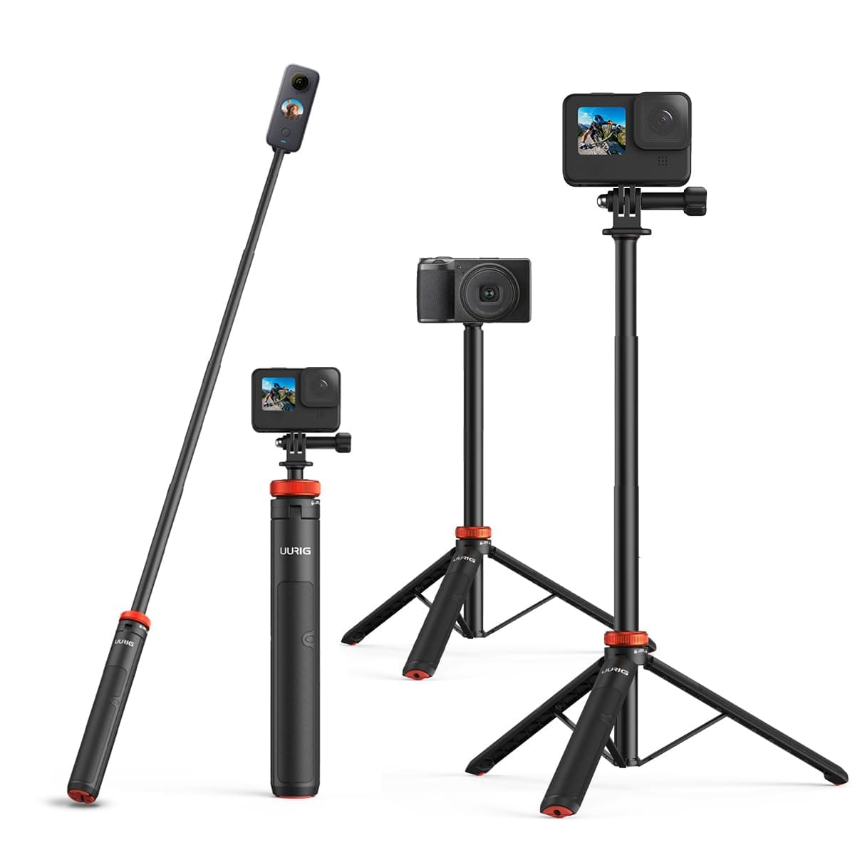 UURig Telescopic Selfie Stick Long with Tripod, Waterproof Hand Grip, for Insta360X5/X4, GoPro Hero 13 12 11 10 9 8 7 6 5 4 3 2, Fusion, Max, Session, AKASO, SJCAM, DJI OSMO Action 6/5Pro/4/3 GoPro