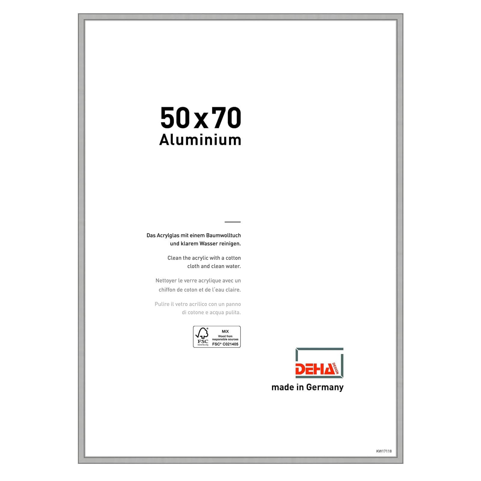 DEHA Design Boston Photo Frame 50x70cm, Aluminium Picture Frame, Silver Photo Frame with Protective Acrylic Glazing and Push and Turn Clips - Frosted Silver