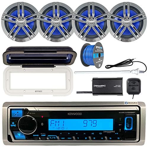 Kenwood Single DIN Marine Bluetooth Receiver, Radio Cover, 4X Enrock Marine 2-Way 6.5" Speakers (Charcoal), Satellite Radio Tuner Kit, Marine Radio Antenna - White, 50 Foot 16-G Tinned Speaker Wire