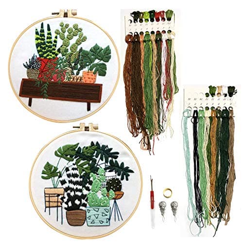 2 Pack Embroidery Kit with Pattern, DOITEM Full Range of Stamped Embroidery Kit Including Embroidery Cloth with Pattern, Embroidery Hoop, Color Threads and Tools Kit