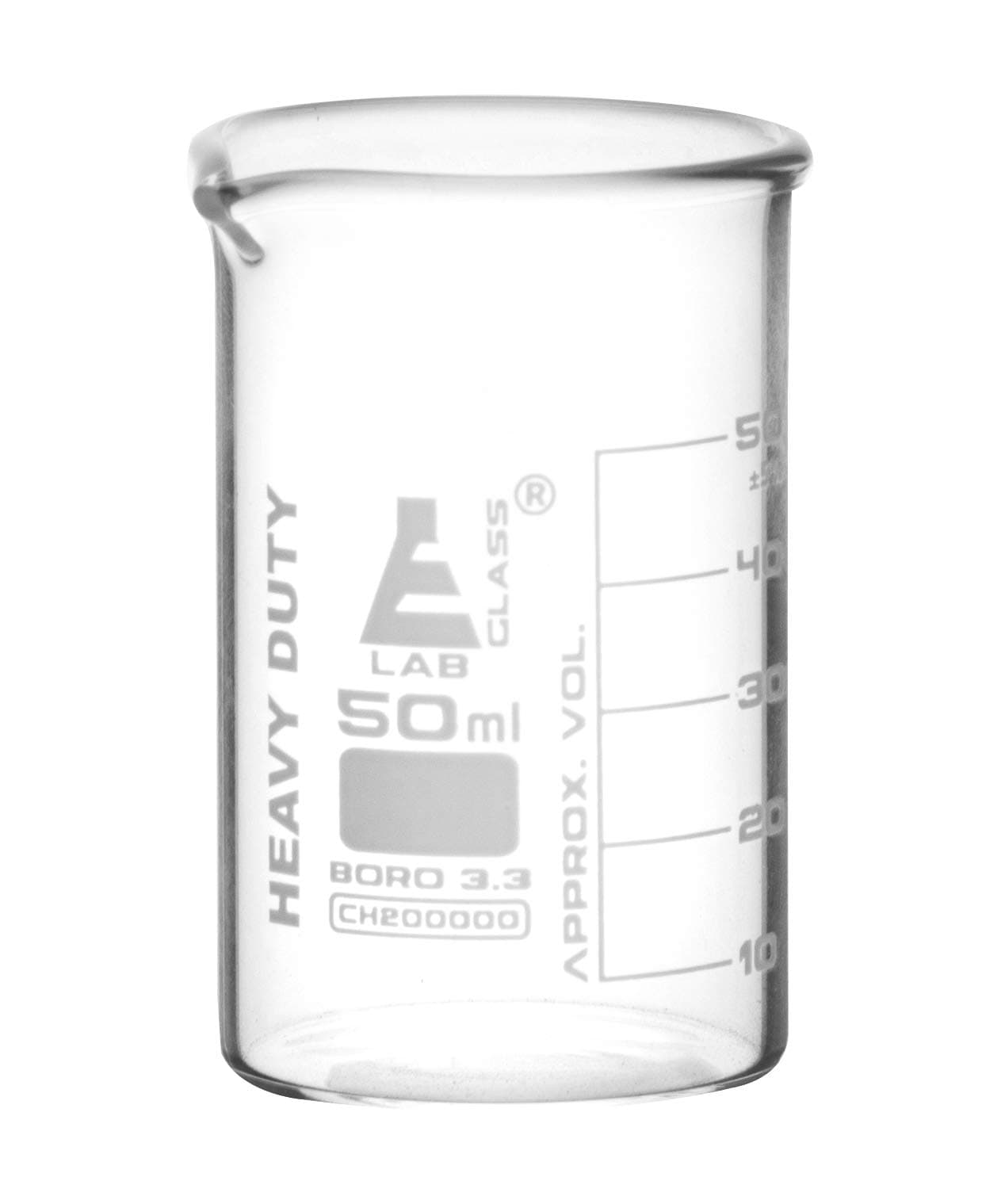Heavy Duty Beaker, 50ml - 5mm Thick, Uniform Walls - Superior Durability & Chemical Resistance - White Graduations - Borosilicate 3.3 Glass - Labs