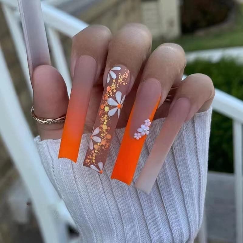 Press on Nails Long Square French Fake Nails False Nails with Designs Rhinestone 24 pcs Stick on Nails for Women (A-5)