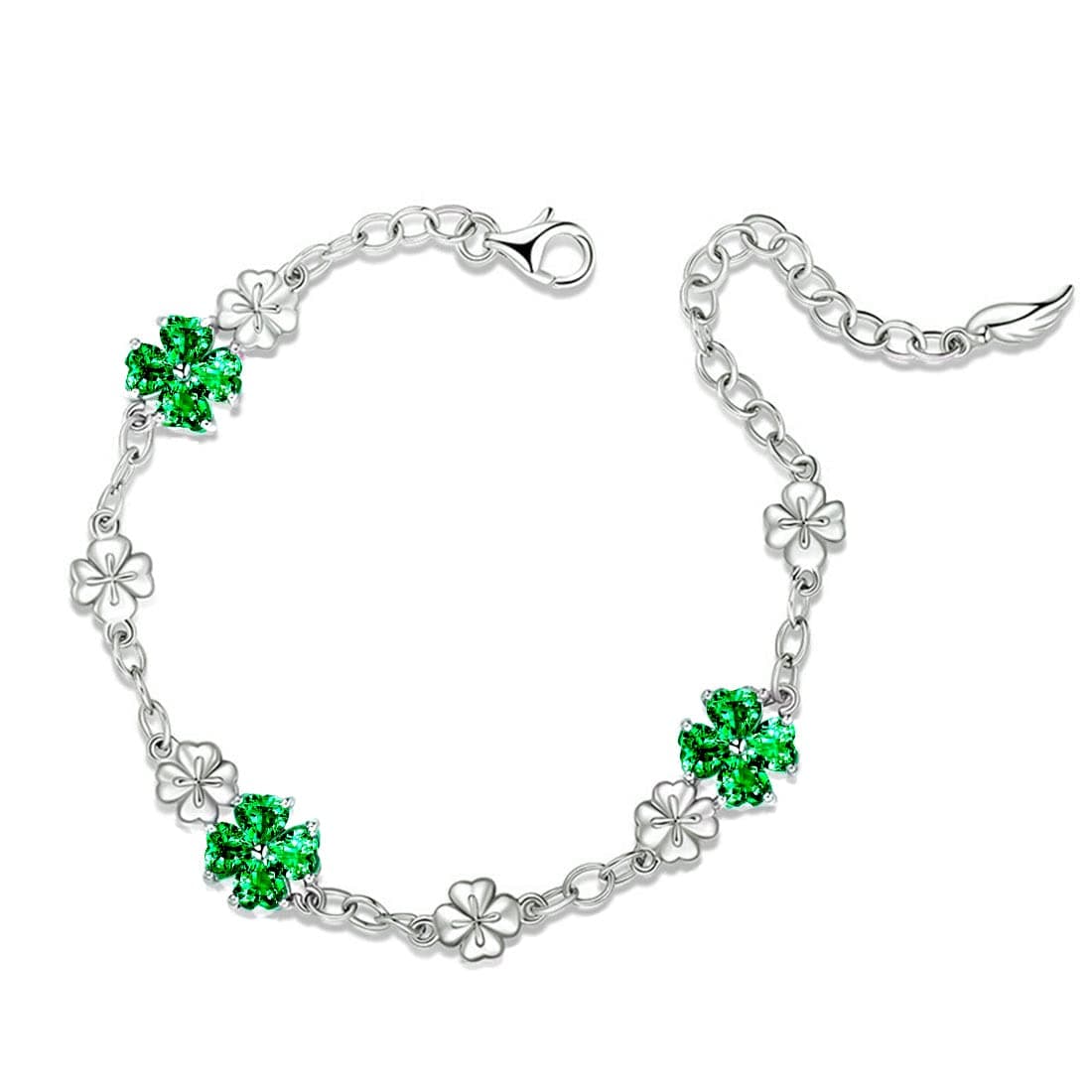 JIANGXIN 925 Sterling Silver Created Emerald Chain Link Bracelet for Women Girl Lucky Four leaf clover Gemstone Fine Jewelry Good Luck Shamrock Birthday Gift, Silver, Created Emerald