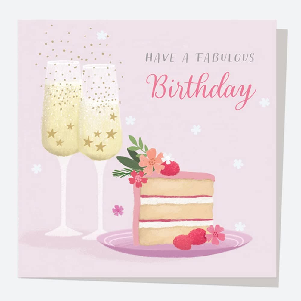 Dotty about Paper - Adult Female Birthday Card - Drinks - Cake & Fizz. Floral, Birthday Card for Her, Glasses, Cake, Bubbly. Envelope Included. (4197)
