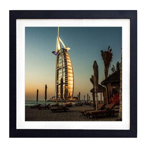 Framed Wall Art- dubai burj al arab palm trees deck chairs beach- Art Print Black Wood Framed Wall Art Picture For Home Decoration - 18"x18" (45cmx45cm) - Framed