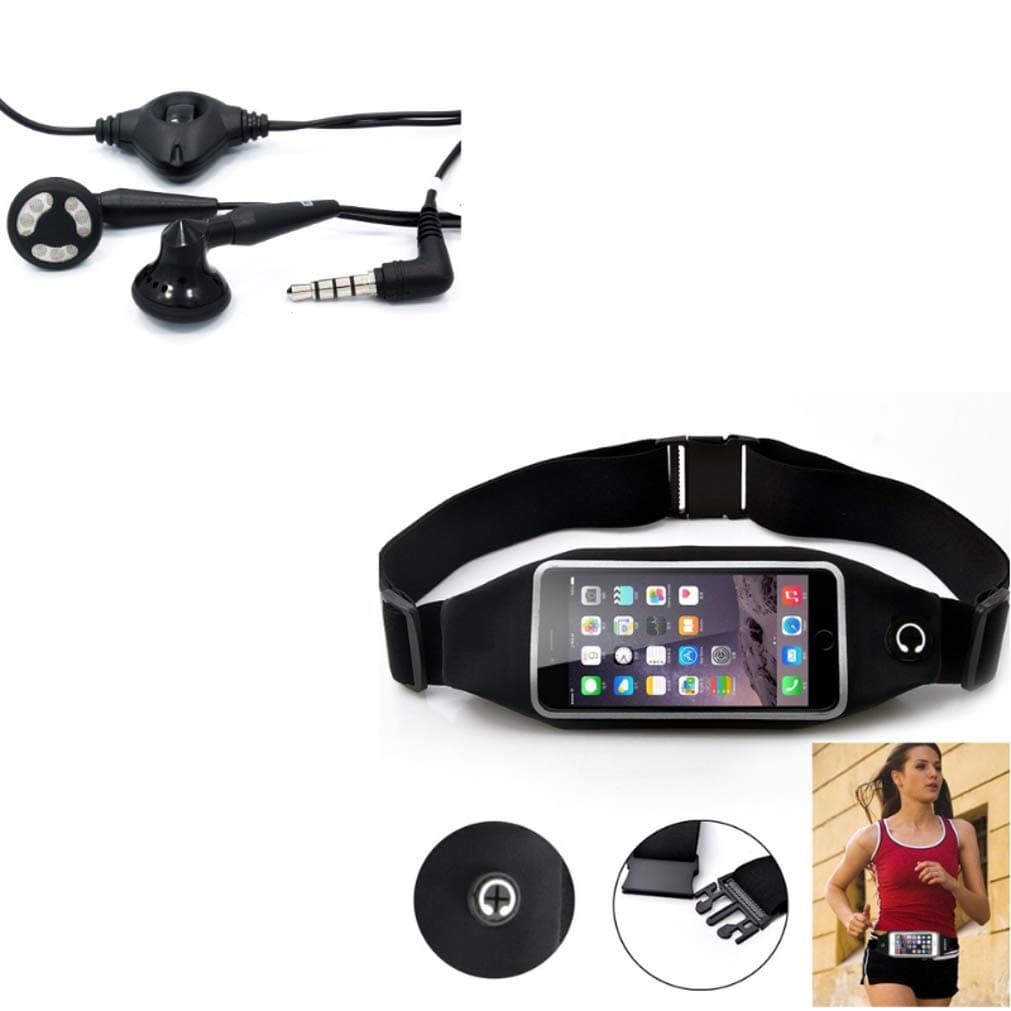 Black Sport Workout Belt Waist Bag Case w Headset OEM 3.5mm Hands-Free Earphones L1Q Compatible with Lenovo A7000 - LG Fortune, Harmony, G5, Treasure, G3, Magna, G4 G4c, K7 K10, Aristo, K8