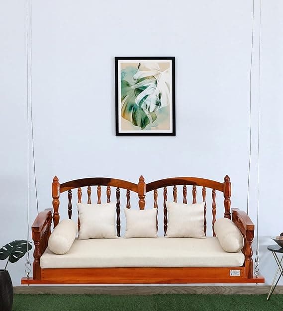 Solid Wood 2 Seater Rope Swing Chair | Wooden Hammock Swing Sofa with Rope & Complete Accessories for Living Room, Indoor, Outdoor, Balcony & Garden | Rajasthani Swings Jhula | Teak Finish