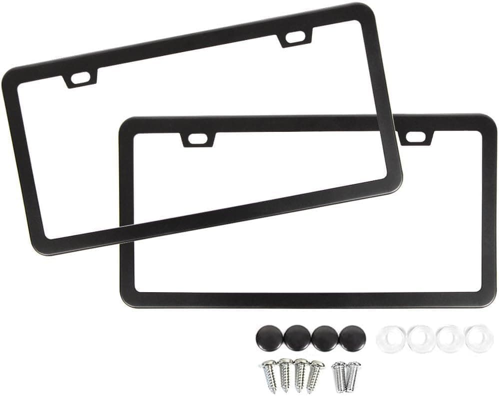 SunplusTrade License Plate Frame Black Matte Powder Coated Aluminum with Screw Caps (2 Pieces)
