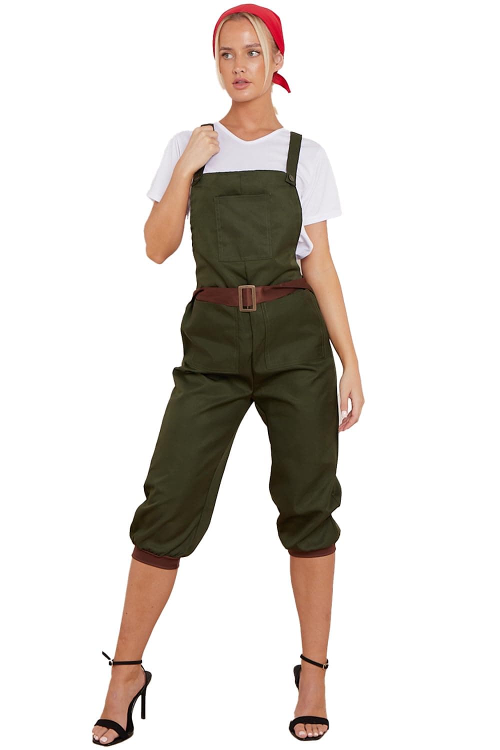 The Fancy DressWomen's 1940’s Land Lady Costume – Ladies WW2 Land Girl Fancy Dress Top, Green Dungarees With A Mock Belt, Headpiece Army Wartime Outfits Size Small-XXL