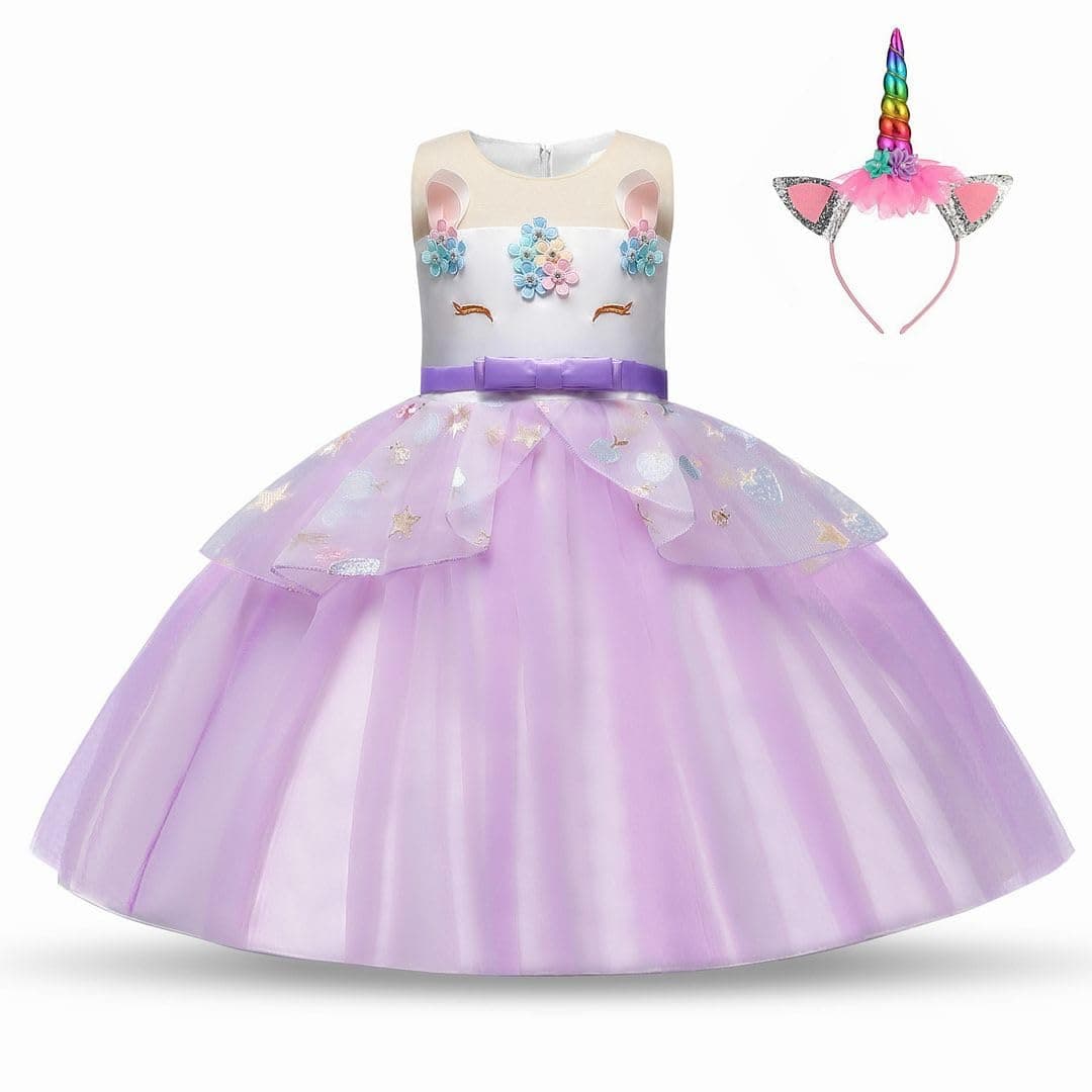 Girls Unicorn Fancy Dress Set & Headband - Princess Costumes for Girls Dress Up Party, Birthday, Halloween and Christmas, Age 3-10 Years