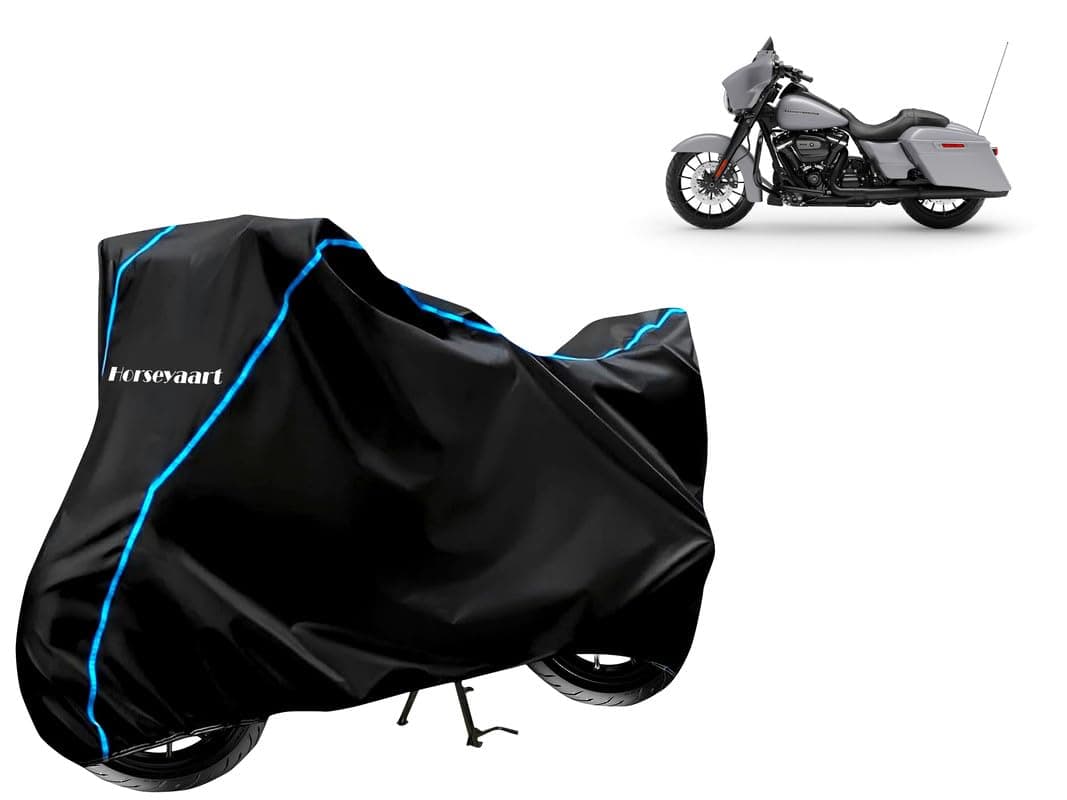 Horseyaart - Bike Cover Water Resistant Compatible with Harley Davidson Street Glide Special Bike Cover with Elastic and Belt Bukle Lock with Stripe Piping Design (Black and Blue)
