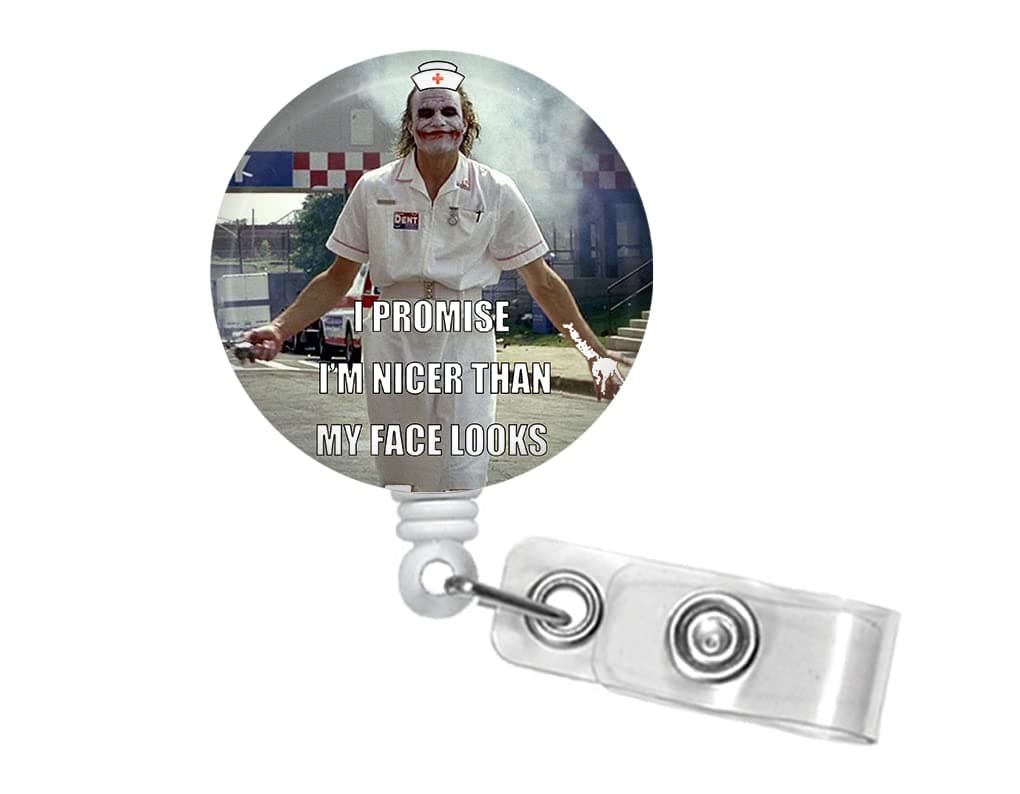 Funny Joker Nurse Badge Reel, I Promise I'm Nicer Than My Face Looks Badge Holder, Badge Reel Funny, Nurse Respiratory CNA Lab Tech ID Badge, Heavy Duty Reel #181