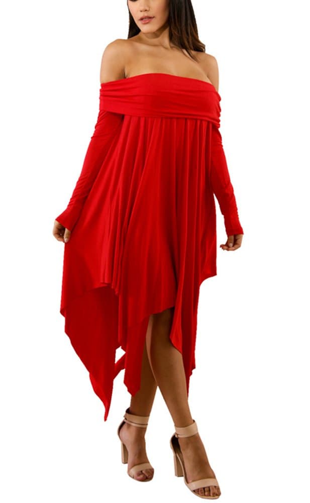 Aleng Women's Solid Color Off Shoulder Long Sleeve Dress Asymmetrical Hem Irregular Loose Party Dress Red X-Large