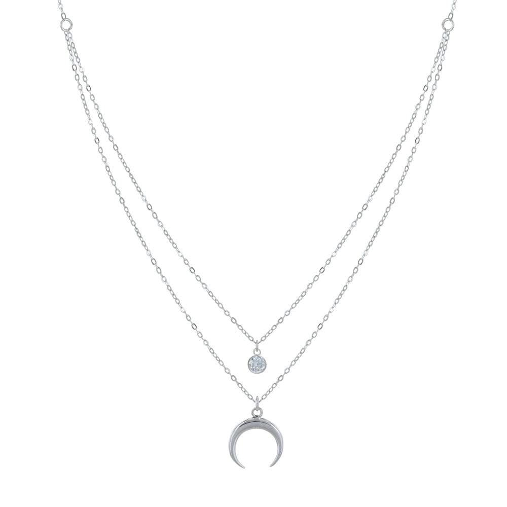 LES POULETTESBijoux – Double Silver Crescent Moon and Zirconia Necklace, Cubic Zirconia