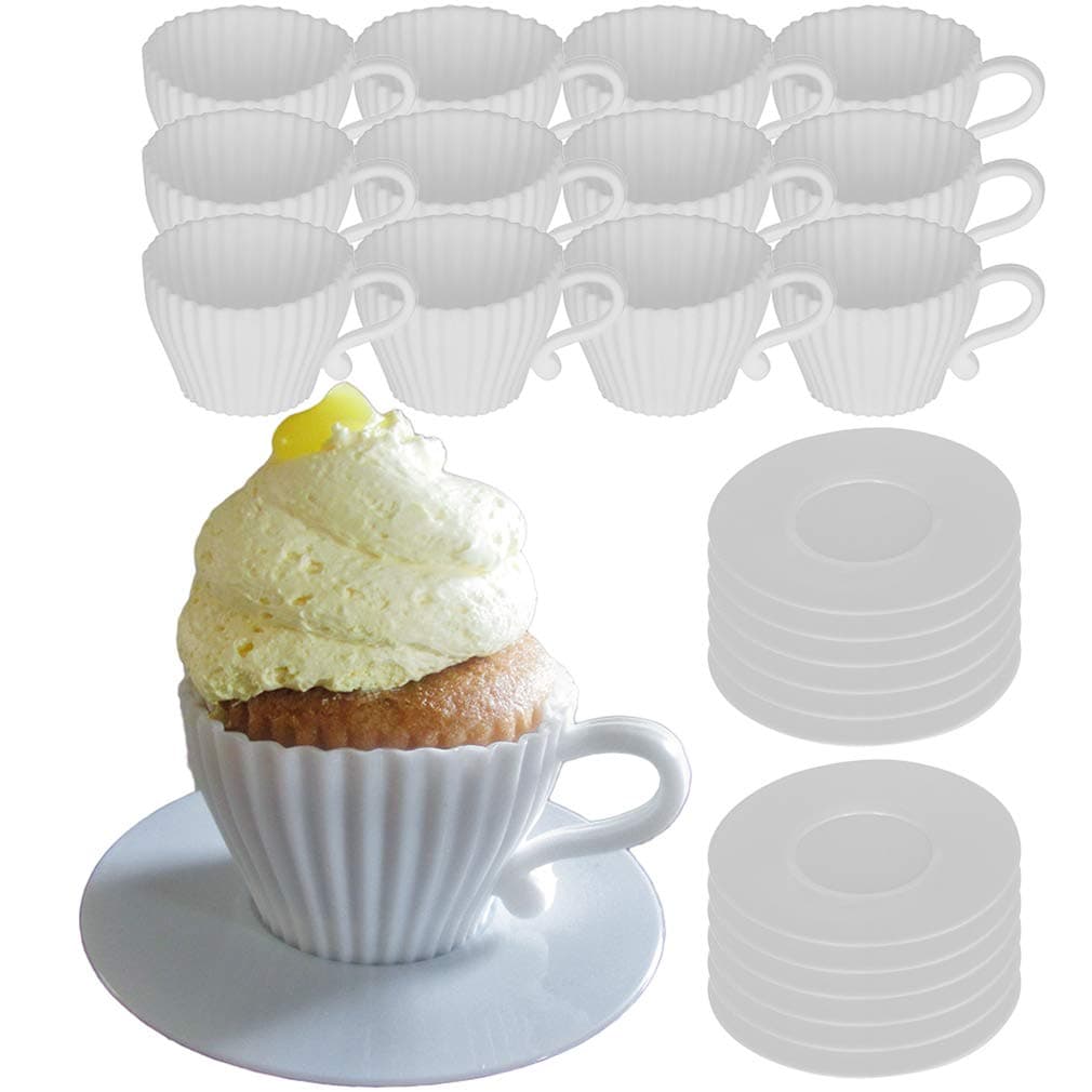 Evelots Teacup Silicone Cupcake Liners for Baking 24 Pc Set Oven Safe Non Stick (12 Cups & 12 Saucers) Reusable Baking Muffin Cups - BPA Free -2 Colors