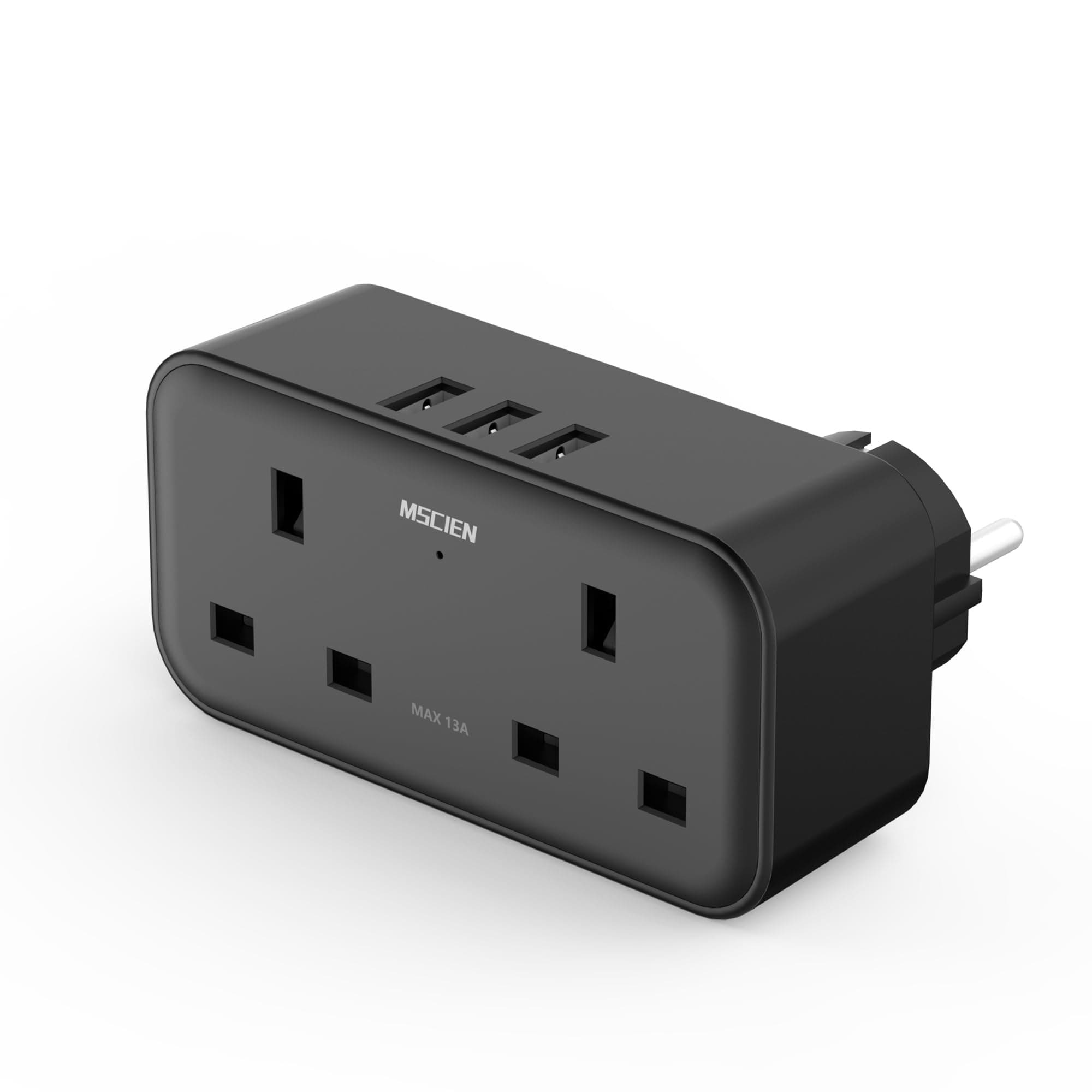 UK to European Plug Adapter with 3 USB, Travel Adapter Plug UK to EU Europe, Black Type E/F Plug Adaptor with Dual 2 Pin Socket, Euro Schuko Grounded Charger for Germany France Spain Turkey Greece