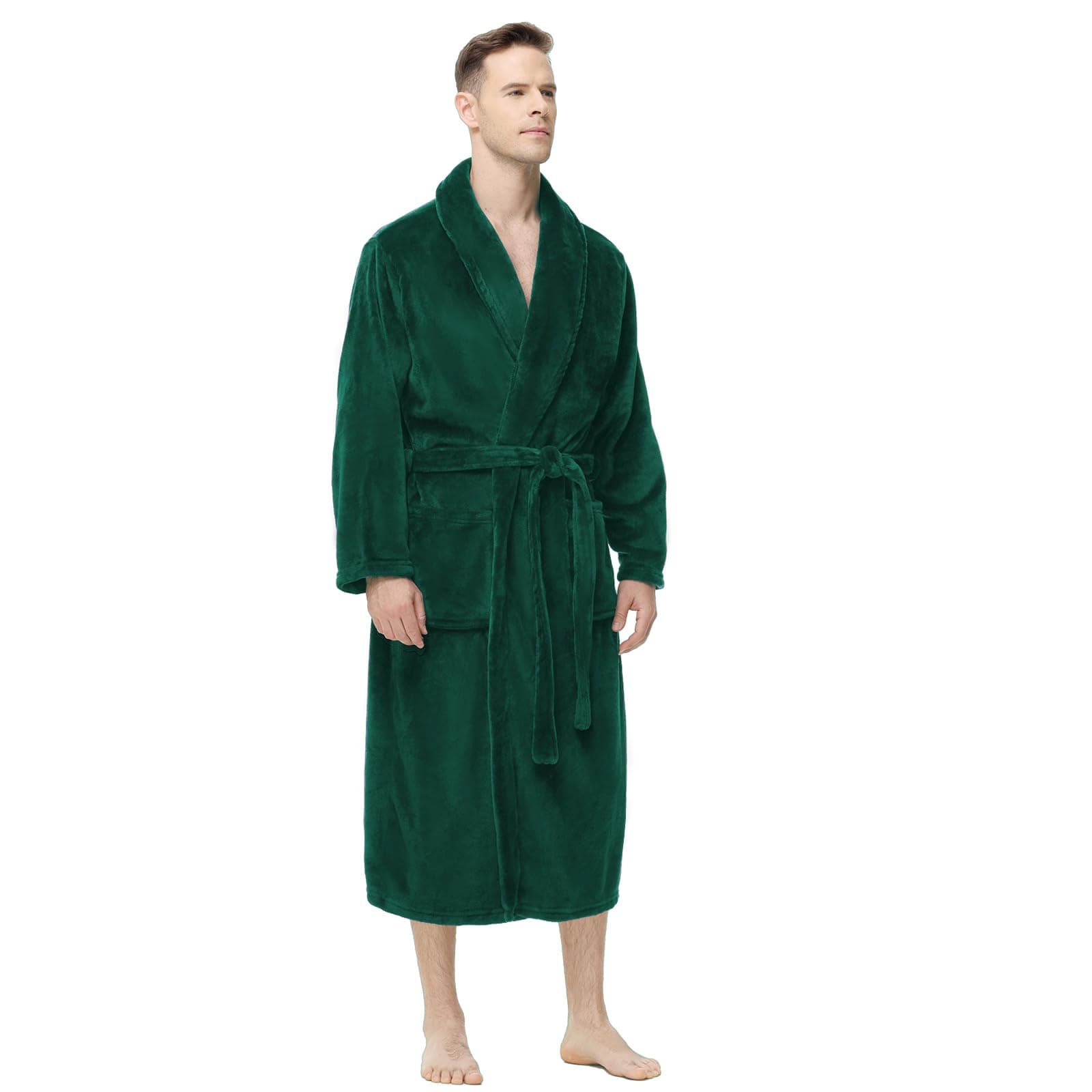 Mens Fleece Robe, Soft Plush Robe for Men, Fluffy Bathrobe with Belt & 2 Pockets