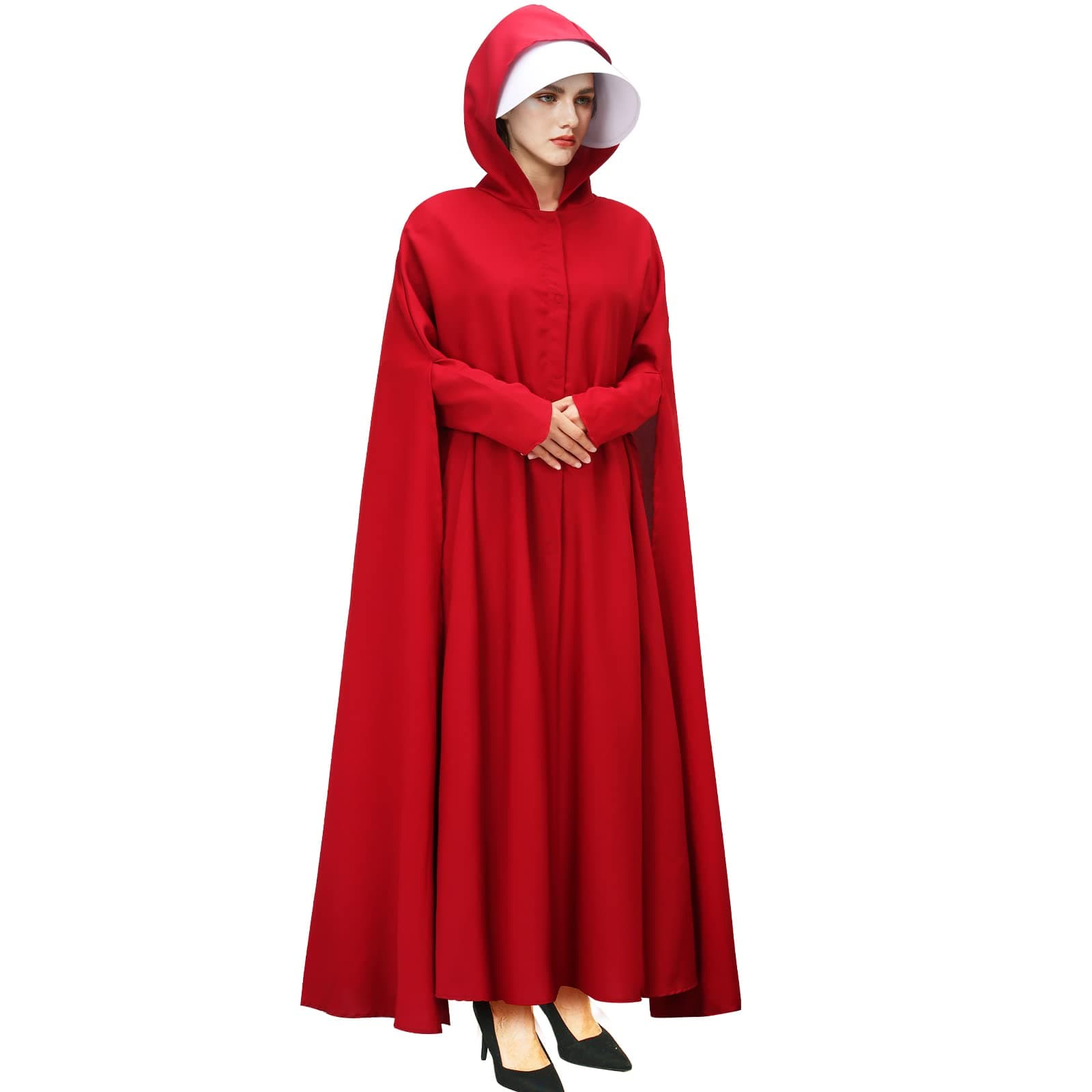 Handmaid Offred Cosplay Costume Outfit,Women Red Hooded Cape Cloak with White Bonnet for Halloween Party