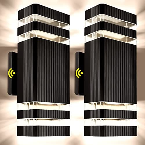 Outdoor Wall Light Dusk to Dawn, Exterior Sconce Lighting Fixture, Up and Down Porch Light Waterproof Aluminum Square PC and Tempered Glass Cover 3000k 7W 2Pack Black Certificate ETL