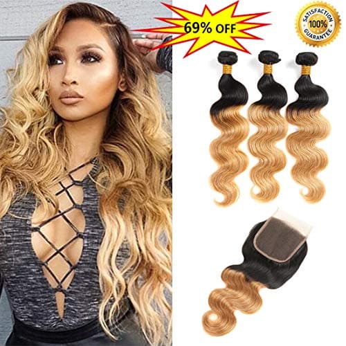 1B/27 Color Body Weave Brazilian Hair Ombre Color 3 Bundles With Free Part Lace Closure Human Hair Extensions 8A Grade Hair Bundles with 4X4 Lace Closure Color #1B/27 (10 10 10)