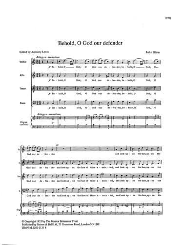 John Blow: Behold, O God Our Defender/Let My Prayer Come Up. Sheet Music for SATB, Organ Accompaniment