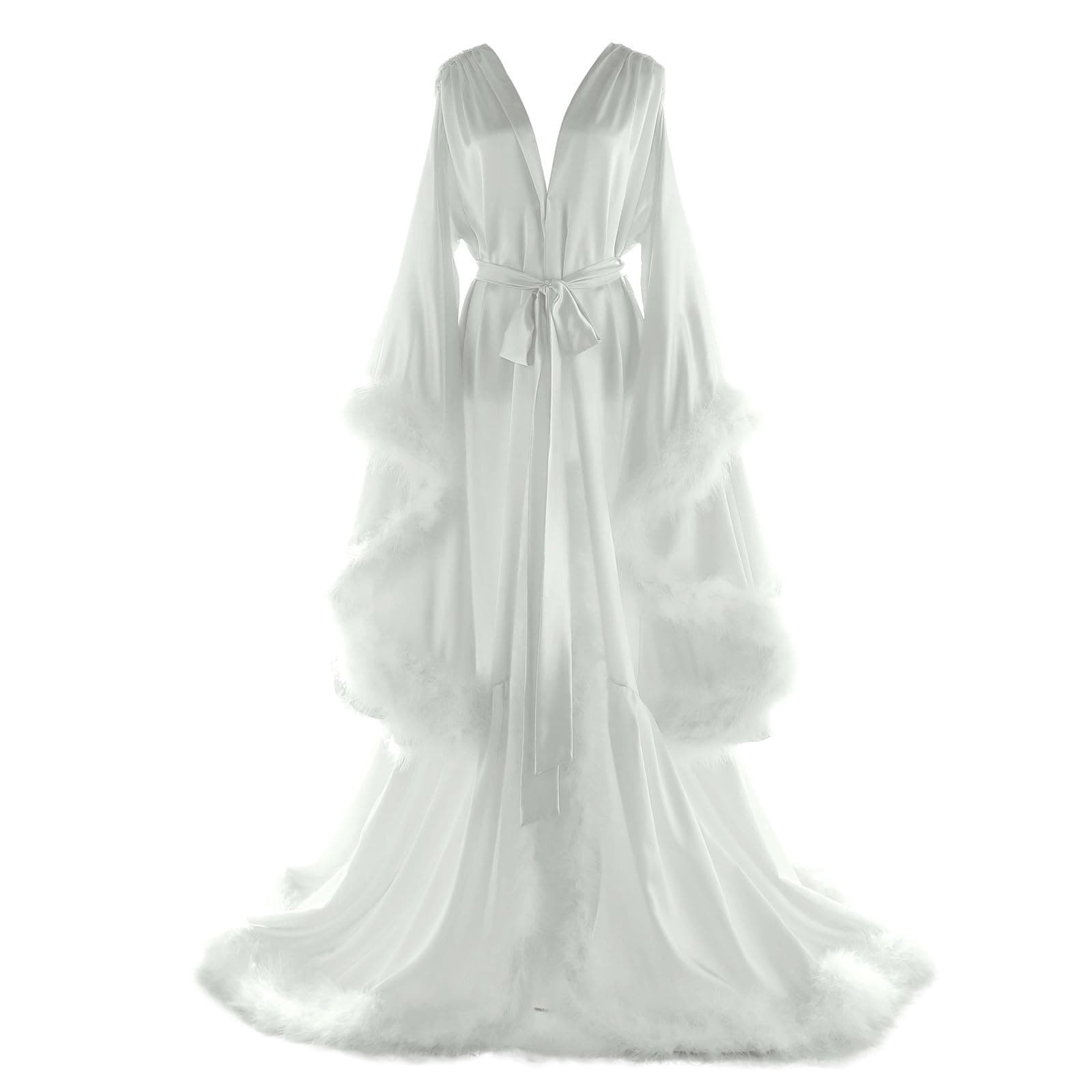 Women's Feather Bridal Robes Old Hollywood Maternity Photoshoot Nightgown Silk Bathrobe Long Lingerie