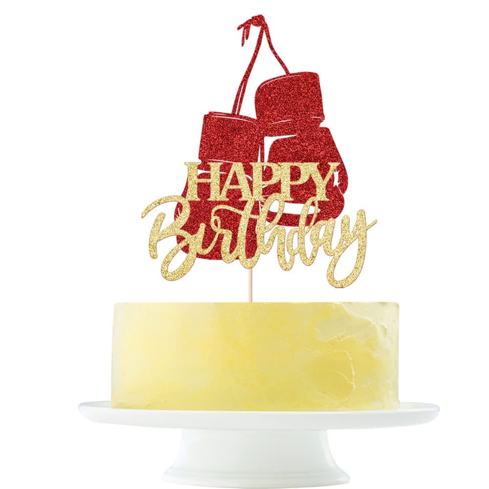 Boxing Theme Happy Birthday Cake Topper, Sports Style Birthday Party Cake Decor, Boxing Glove Sign gold