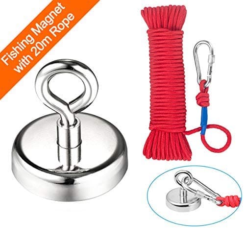Neodymium Eyebolt Magnet,Diameter x 60mm Thick x 15mm, Wukong N52 Holding pull force 330LBS(150KG) Fishing clamping magnet and 6mm Braided Rope x 66ft