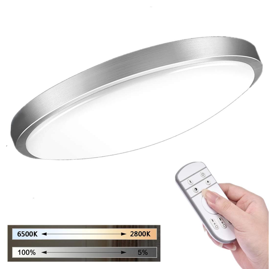 24W Dimmable LED Round Ceiling Lights with Remote Control 16-Inch 3000K - 6500K Waterproof IP54 LED Flush Mount Indoor Lamp for Bedroom Kitchen Dining Room Office