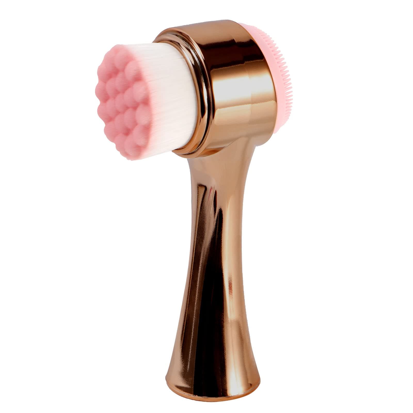 Beomeen Face Brush 2 in 1, Silicone Facial Cleansing Exfoliating Brush with Ultra Fine Soft Bristles Manual Double Side Face Wash Scrub Brush for Pore Deep Cleansing and Massaging, Gold