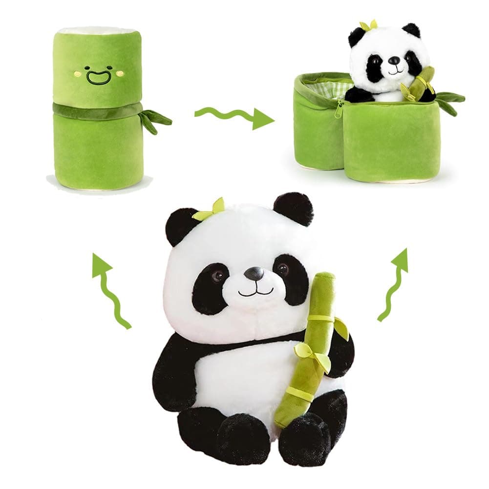 Cute Panda Plush Toy with Bamboo Cover, Kawaii Panda Stuffed Toy, Animal Panda Plush Doll Pillow for Kids Funny Birthday Gift (9.8in)