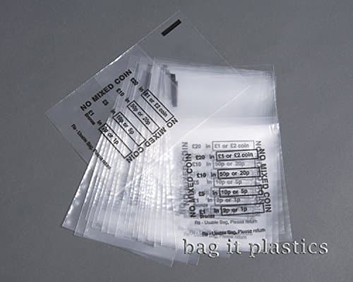 Money/Coin Bags - Pack of 50 Durable Plastic Money Bag's for Coins, Cash & Notes - Secure Bank Bags for Banking UK, Cash Handling, and Coin-Sorting