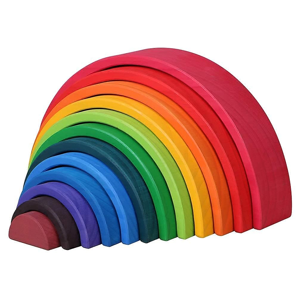 Large 12 Pieces Rainbow Stacker Nesting Puzzle Wooden Building Blocks, Parent-Child Interactive Toys, 14 x 6.9 x 2.8 inches