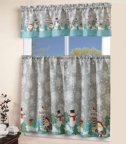 Sapphire Home 3 Piece Kitchen Curtain Linen Set - 2 Tiers + 1 Tailored Valance, Christmas Holiday Season Kitchen Curtain Décor,Snowman Snowflake Christmas Tree Kitchen Curtain, KC Wonderland
