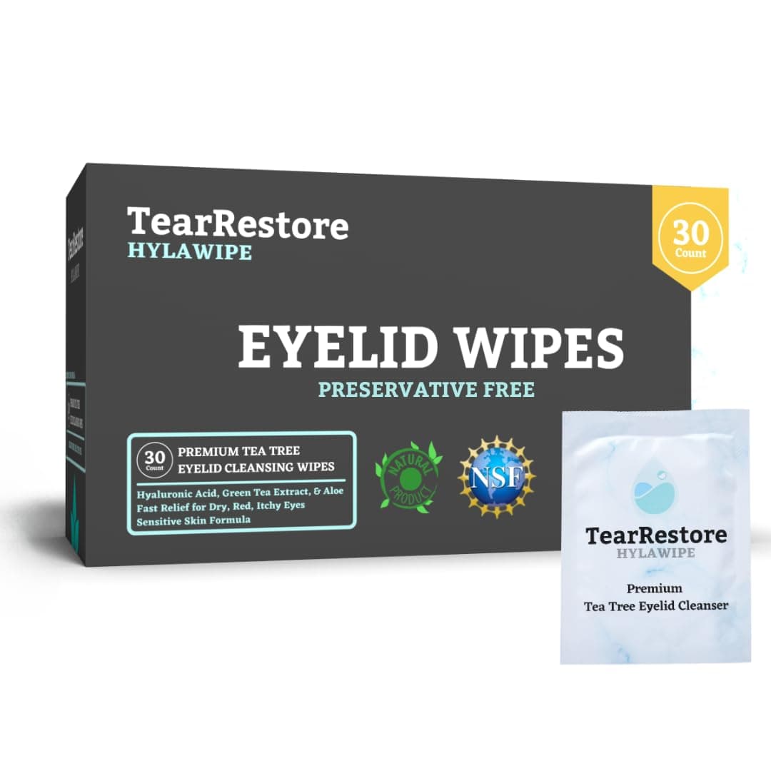 TearRestore HylaWipe Cleanse & Calm Eyelid Cleansing Wipes, Natural, Preservative Free Tea Tree Eyelid Cleanser. Relieves Blepharitis, Dry, Red, Itchy, and Irritated Eyes, (30 count)