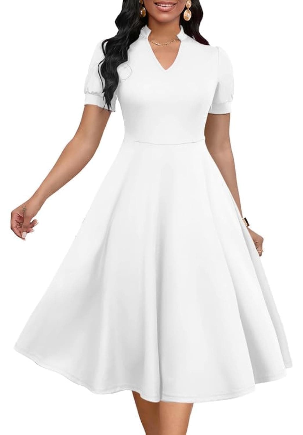 MarryUPWomens Short Puff Sleeve V Neck Casual Semi-Formal Cocktail Party A-Line Dress