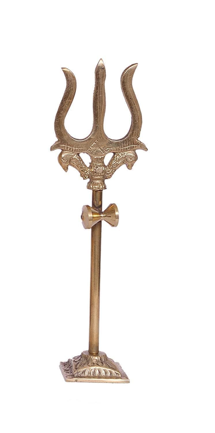 Brass Damru Trishul on Stand Show Piece Decoration Items for Pooja Room, Temple Home Decor, Puja House & Office Mandir H - 10CM