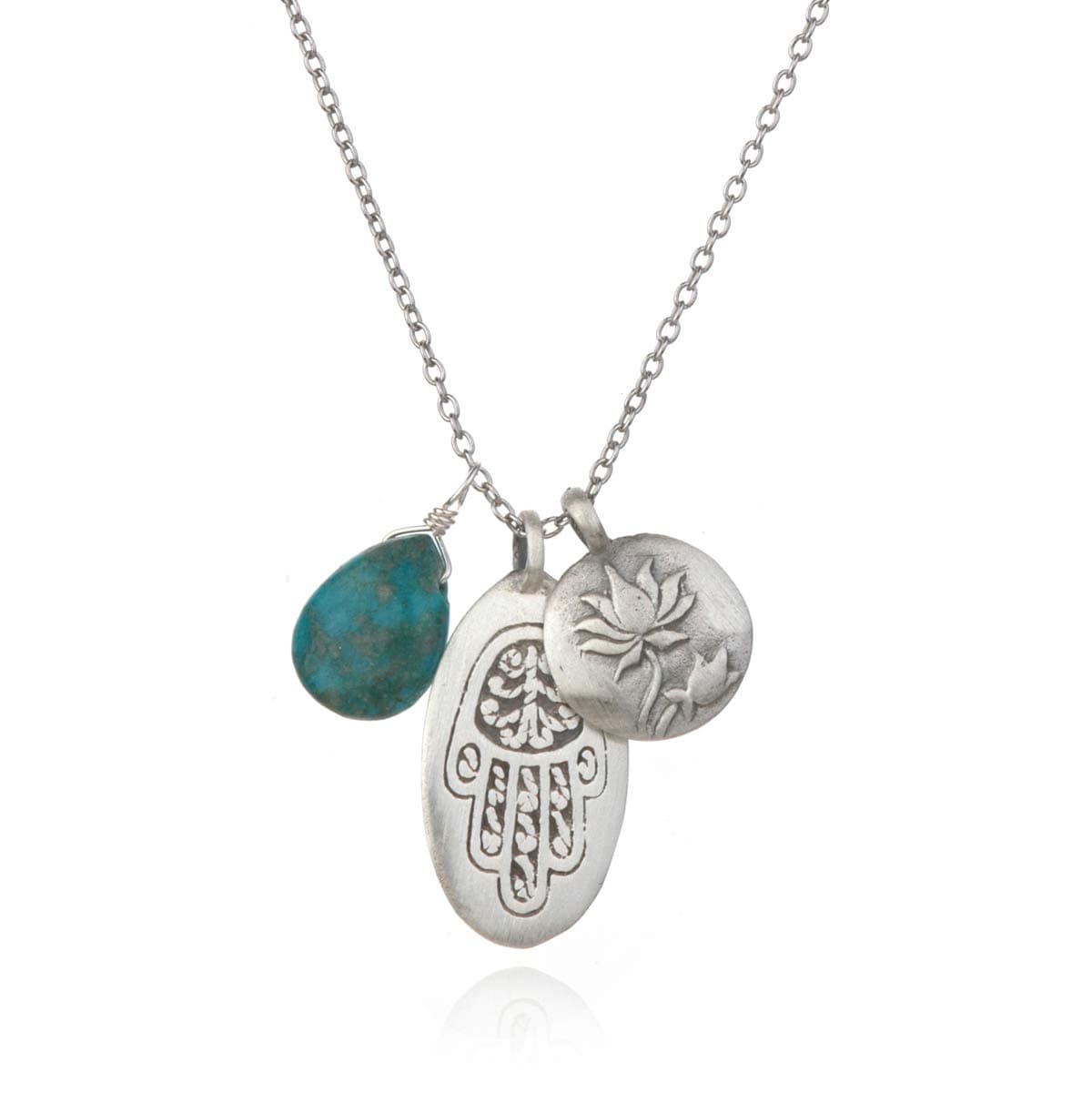 Satya Jewelry Classics Sterling Silver Turquoise Hamsa Lotus Necklace (18-Inch)