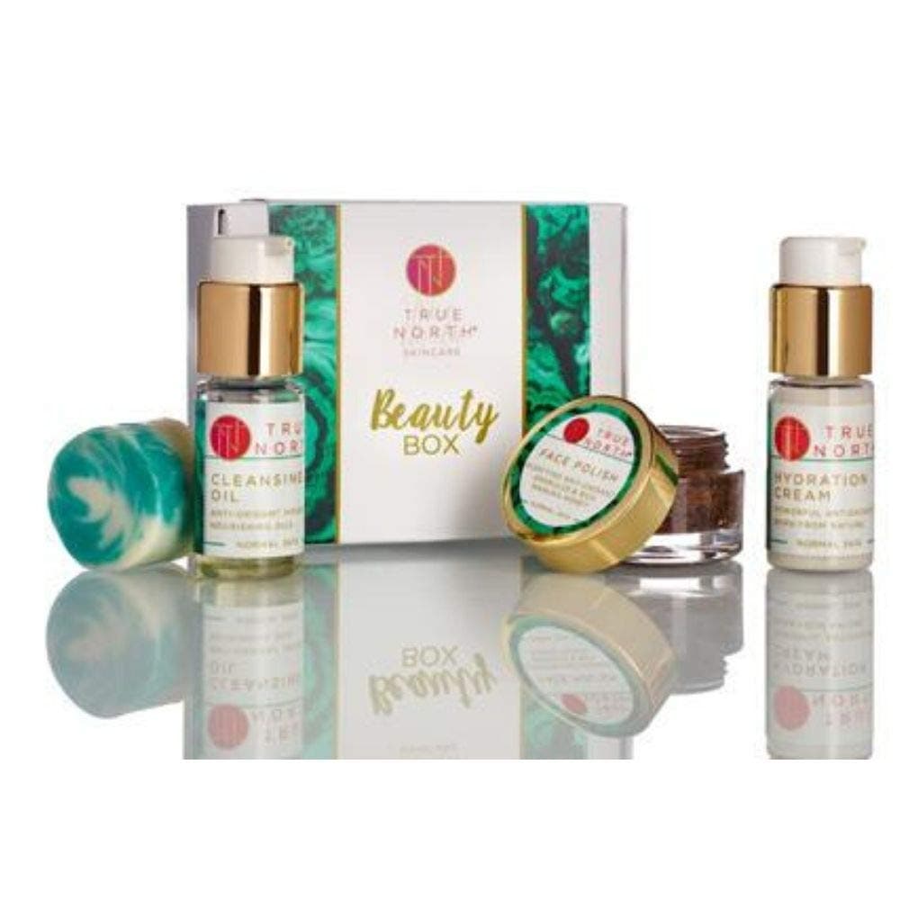True North Beauty Box - Skincare Set Travel Size Solid Cleanser, Hydration Cream, Face Polish and Cleansing Oil with Chaga - Made with Natural and Organic Ingredients from Maine
