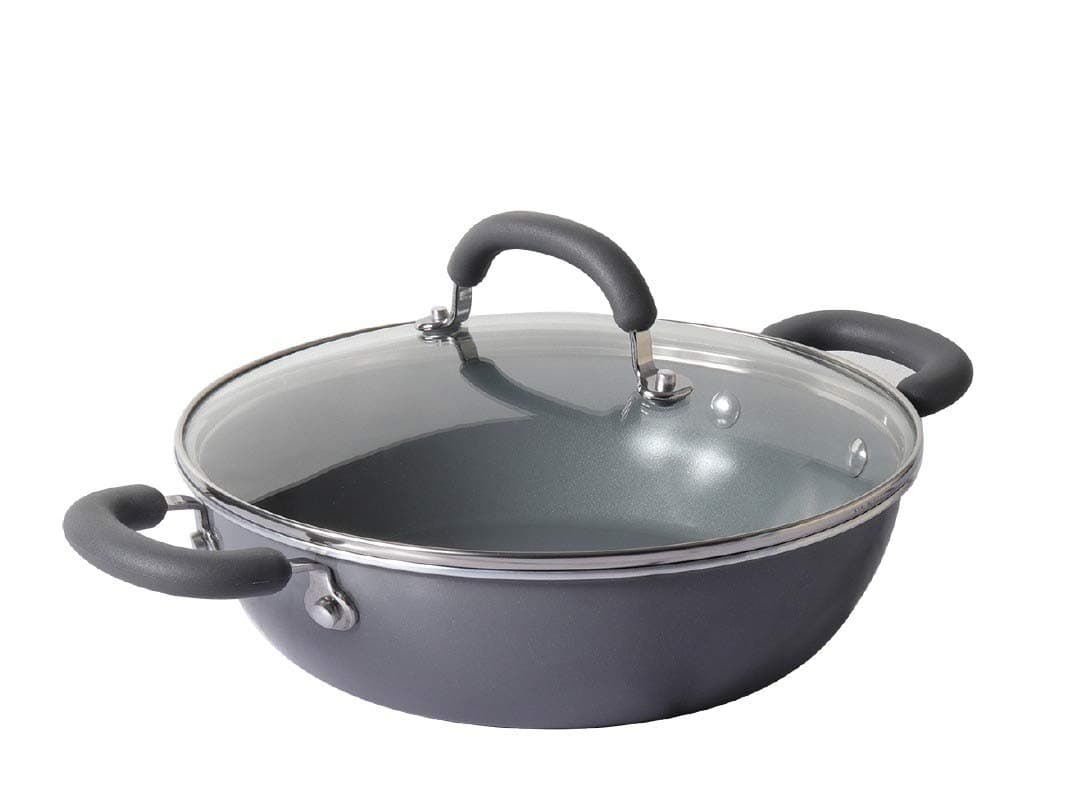 Anzen Ceramic Coated Aluminum Kadai with Glass Lid | Ceramic Kadai for Cooking | Kadhai Induction Base | Ceramic Coated Non Stick cookware | Deep Fry kadai, 24cm, Grey