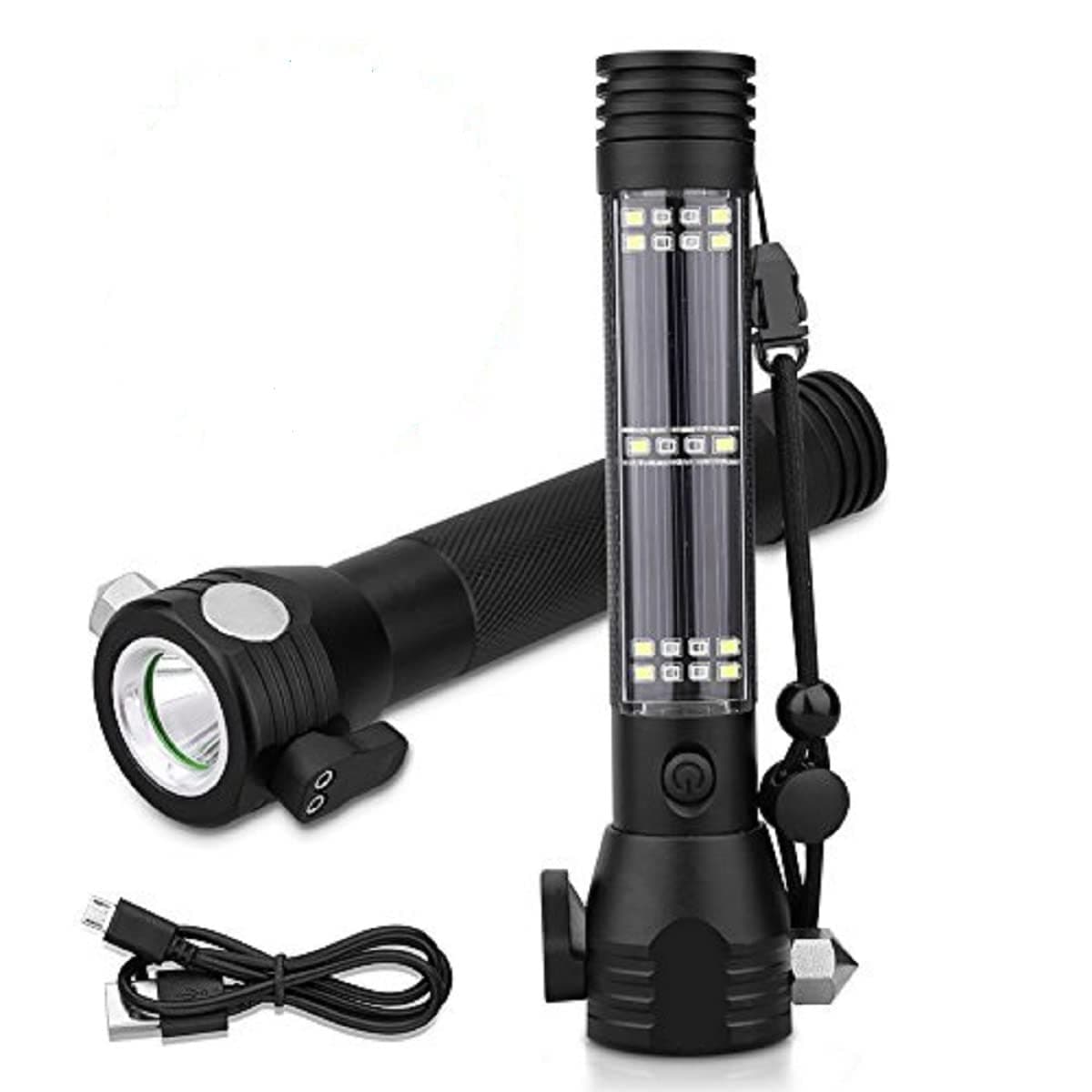 XREXS Solar Powered LED Car Flashlight - Multi-Function Solar Escape Rescue Flashlight, USB and Solar Charger, Portable for Hiking, Camping, Traveling