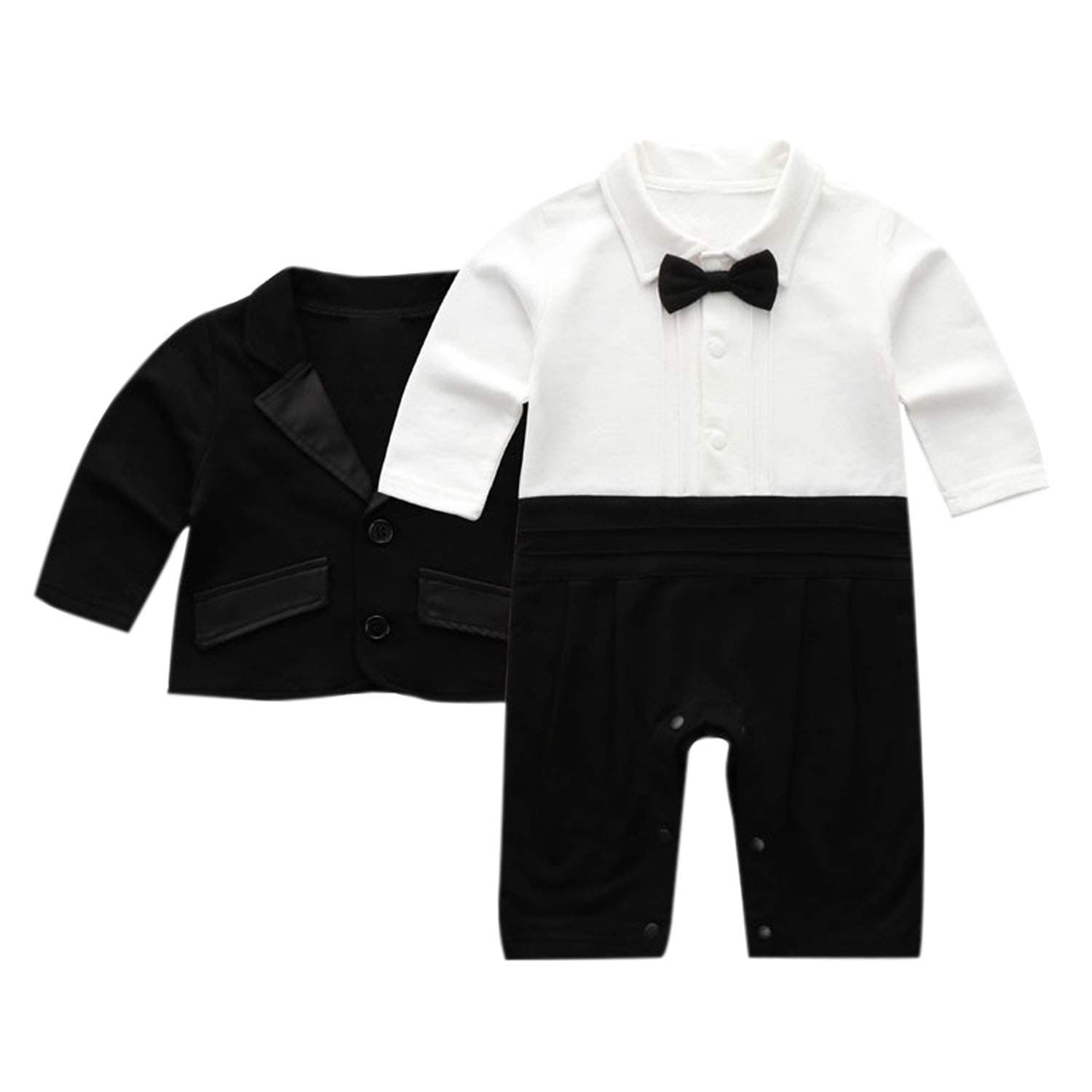 De feuillesNewborn Baby Boy Gentleman Tuxedo Jumpsuit Romper & Coat Outfit Set with Bowtie