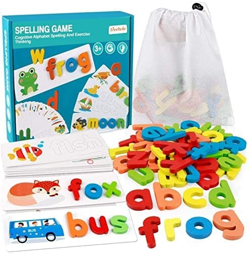 Spelling Games, Matching Alphabet , Wooden Toddler See And Spelling , for Preschool Educational Toys Boys Girls Age 3 +Years Old with (28 Cards,52 Blocks,1 Bag) (B)