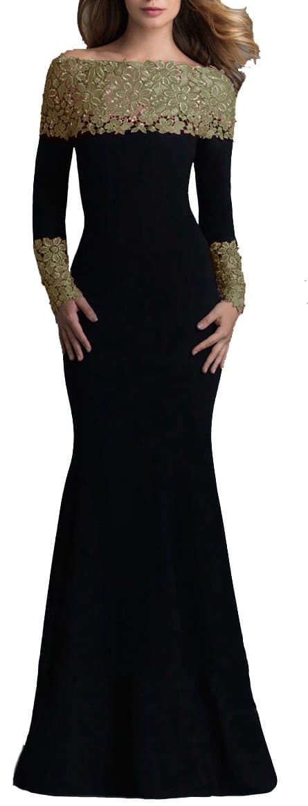 made2envy Boat Neck Mermaid Long Sleeves Lace Decorated Evening Gown